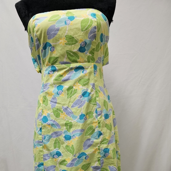 Lilly Pulitzer Strapless Dress 2 Green Toucan Floral Cotton Back Tie Below Knee - Picture 2 of 10